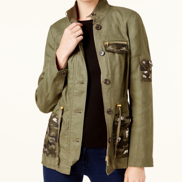 INC International Concepts Jackets & Blazers - women's Embellished Utility Jacket Olive Drab